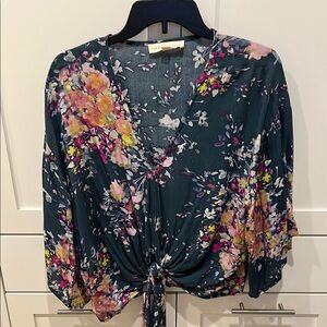 Love Stitch Green Floral Relaxed Tie-Front Blouse with wide whimsical sleeves